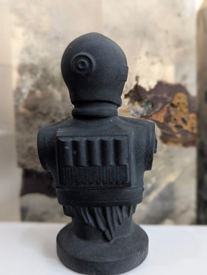Rear view of matte black obsidian C-3PO droid bust.