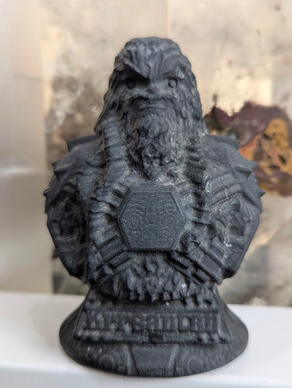 Front view of matte obsidian Korsan character bust.