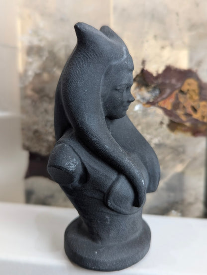 Angled view of matte black volcanic glass Ahsoka Tano.