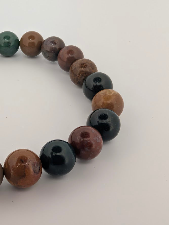 Detail of Ocean Jasper bracelet highlighting deep greens, browns, and ochre tones