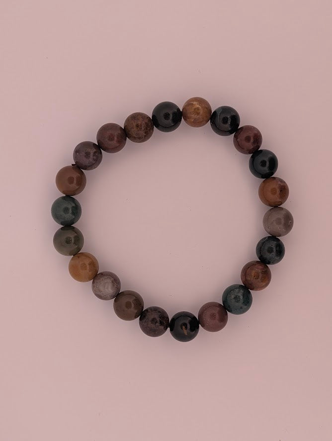 Top view of Ocean Jasper 8MM round bead stretch bracelet