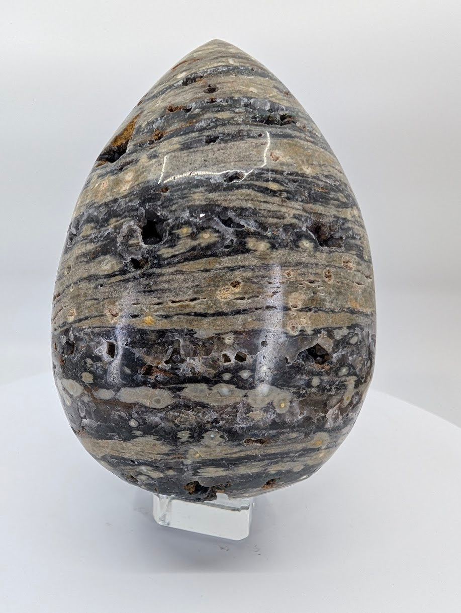 Ocean jasper egg piece A showing orbicular patterning and natural cavities
