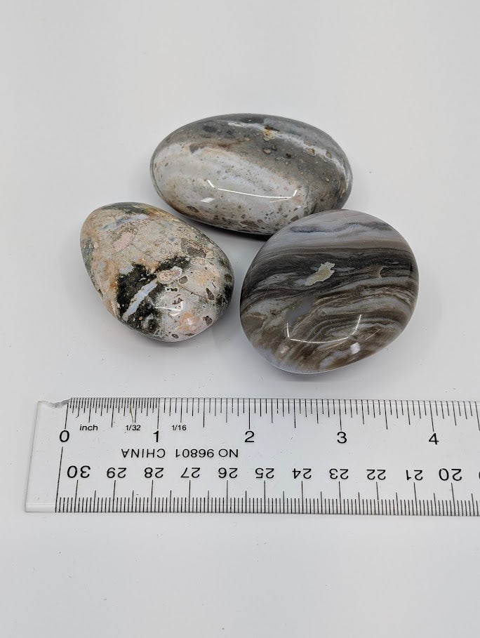 Ocean Jasper Palm Stones beside ruler for scale reference
