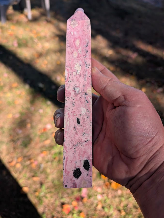 Right face of rhodonite tower #5 highlighting pink marbling and veining