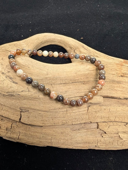 4mm polished Petrified Wood beaded stretch bracelet resting on a driftwood display, showing warm brown, grey, and tan earthy tones.