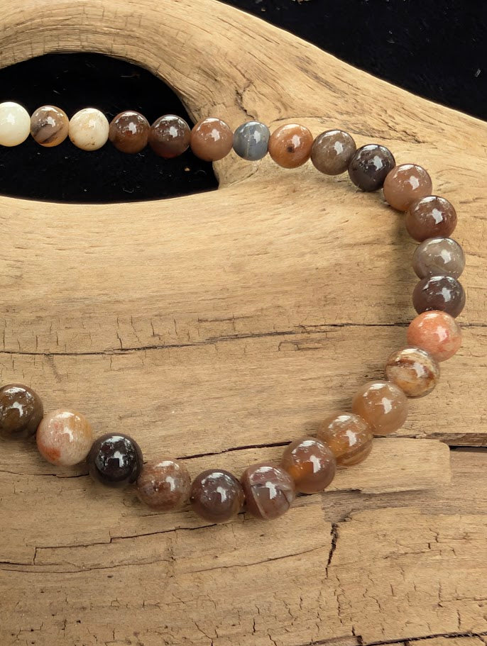 Macro close-up of 4mm polished Petrified Wood beads highlighting the high-gloss finish and natural silicified fossil patterns.