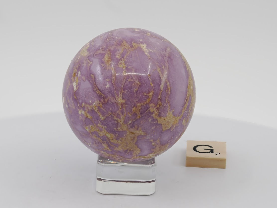 55mm Phosphosiderite sphere showcasing fine web-like matrix patterns and soothing purple color.