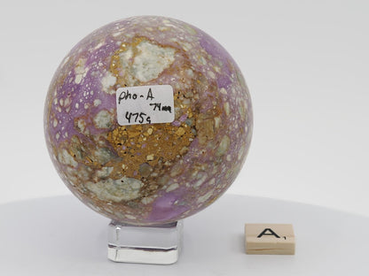 Museum-grade 74mm brecciated Phosphosiderite sphere from Chile featuring mosaic purple and tan matrix patterns.