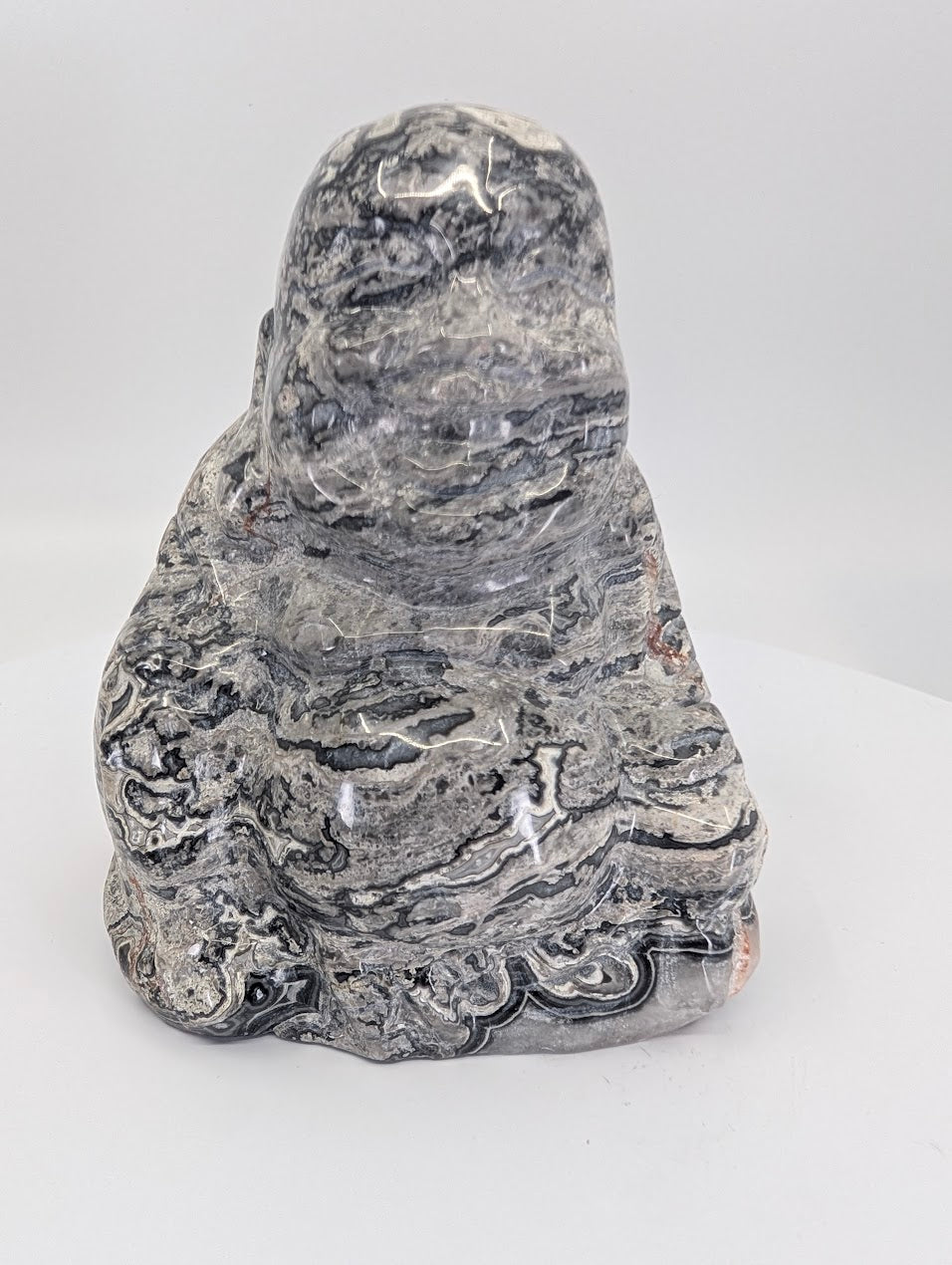 Front view of 785g Picasso Jasper Laughing Buddha carving, 10.5 x 9 cm