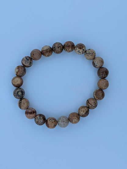 Picture Jasper 8mm stretch bracelet in a circular top-down layout on a light background