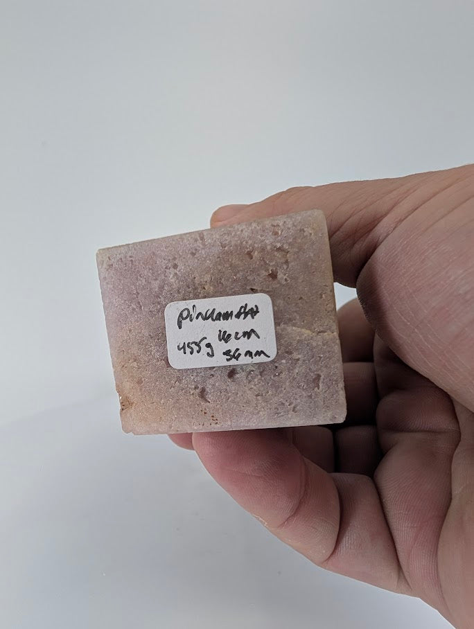 Base of Pink Amethyst tower labeled 455g 16cm Brazil