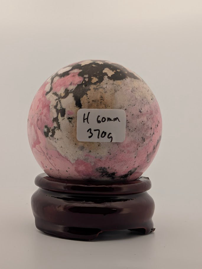 60 mm 370 g Pink Peruvian Rhodonite sphere with identification label