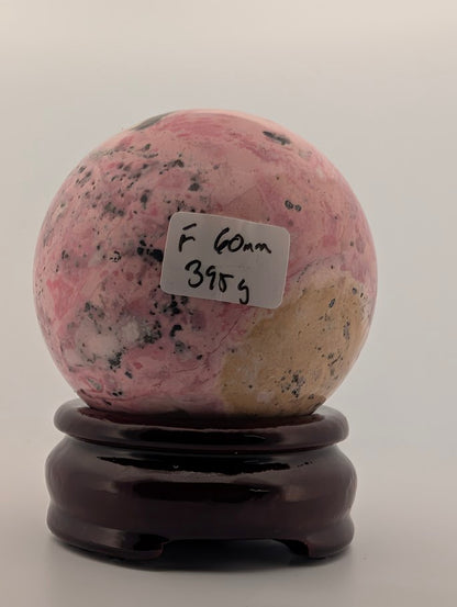 60 mm 395 g Pink Peruvian Rhodonite sphere with label view