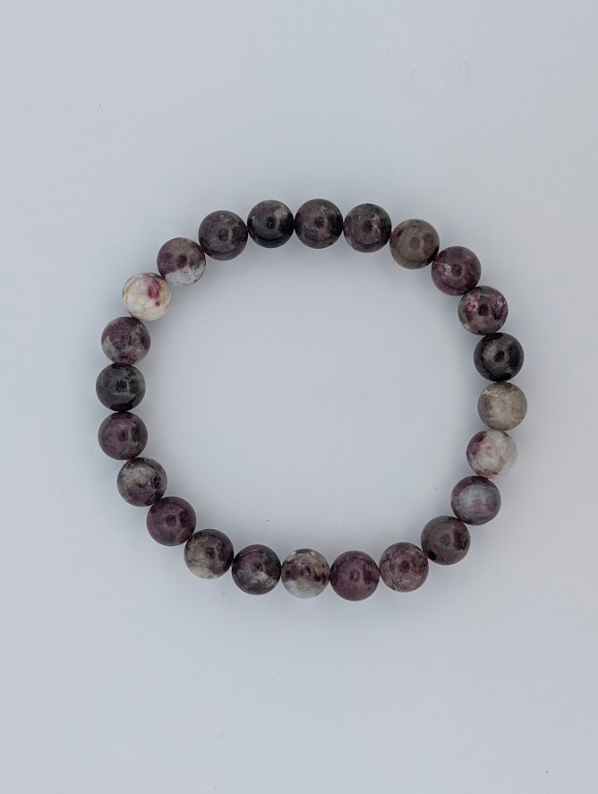 Top view of 8MM Pink Tourmaline round bead stretch bracelet