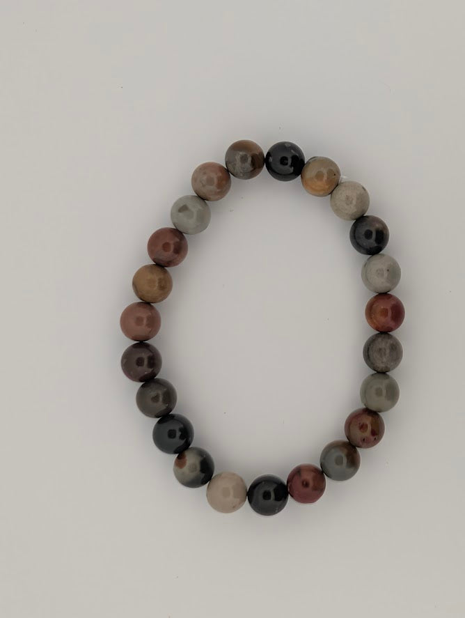 Top view of 8MM Polychrome Jasper round bead stretch bracelet