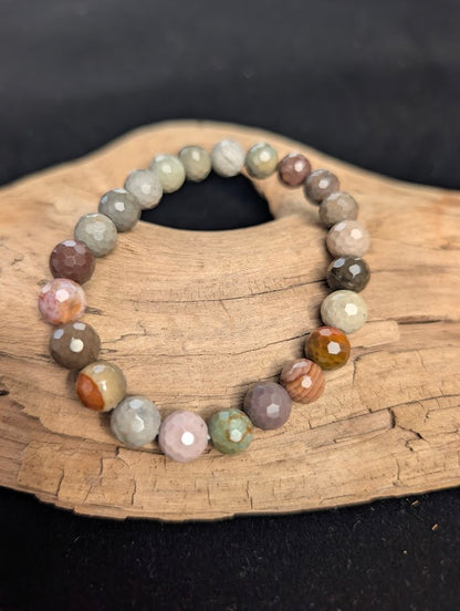 8mm faceted Polychrome Jasper beaded stretch bracelet resting on a driftwood display, showing earthy desert colouration.
