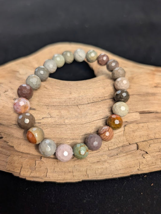 8mm faceted Polychrome Jasper beaded stretch bracelet resting on a driftwood display, showing earthy desert colouration.