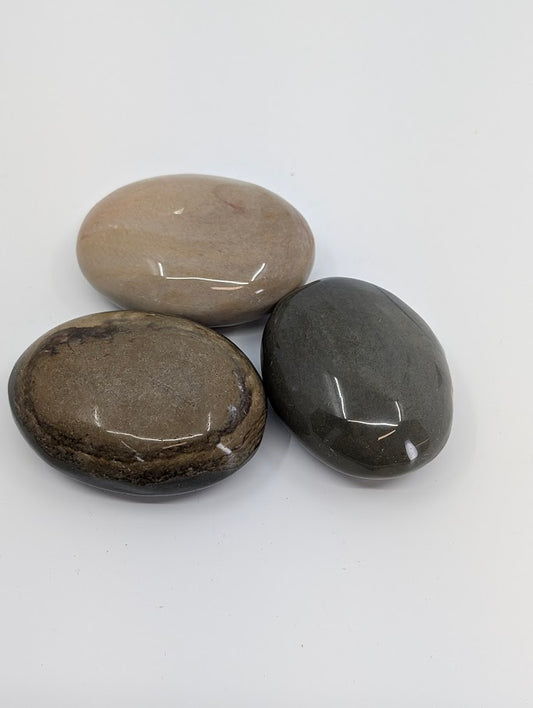 Group of Polychrome Jasper Palm Stones showing beige and grey swirls