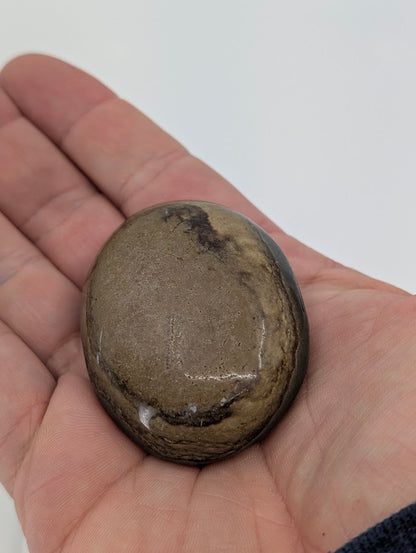 Polychrome Jasper Palm Stone held in hand showing smooth finish and earthy coloration