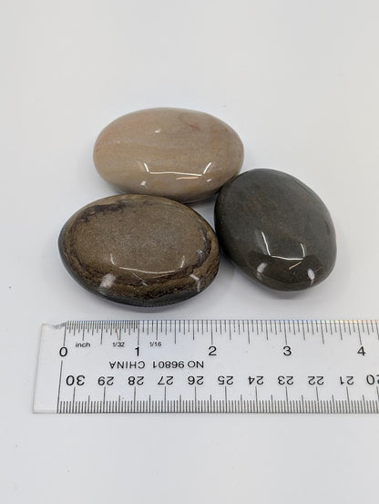 Polychrome Jasper Palm Stones beside ruler for size comparison