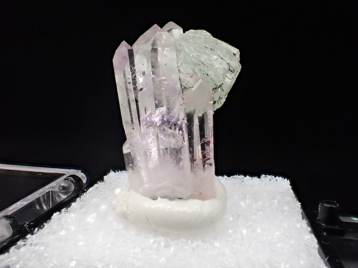 Prehnite on Quartz Cluster – Goboboseb Mountains, Namibia – Green Radial Ball on Clear Crystals (27mm) - Legacy Crystals and Minerals