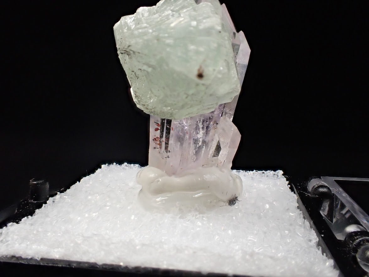 Prehnite on Quartz Cluster – Goboboseb Mountains, Namibia – Green Radial Ball on Clear Crystals (27mm) - Legacy Crystals and Minerals