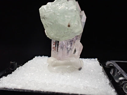 Prehnite on Quartz Cluster – Goboboseb Mountains, Namibia – Green Radial Ball on Clear Crystals (27mm) - Legacy Crystals and Minerals
