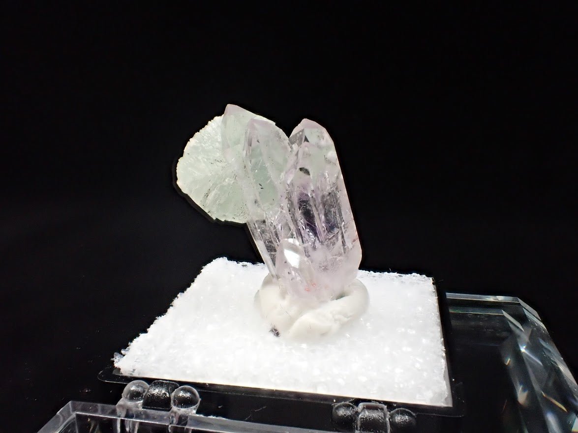 Prehnite on Quartz Cluster – Goboboseb Mountains, Namibia – Green Radial Ball on Clear Crystals (27mm) - Legacy Crystals and Minerals