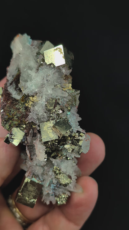 Pyrite and Quartz on Blue Gibbsite – Shangbao Mine, Hunan, China