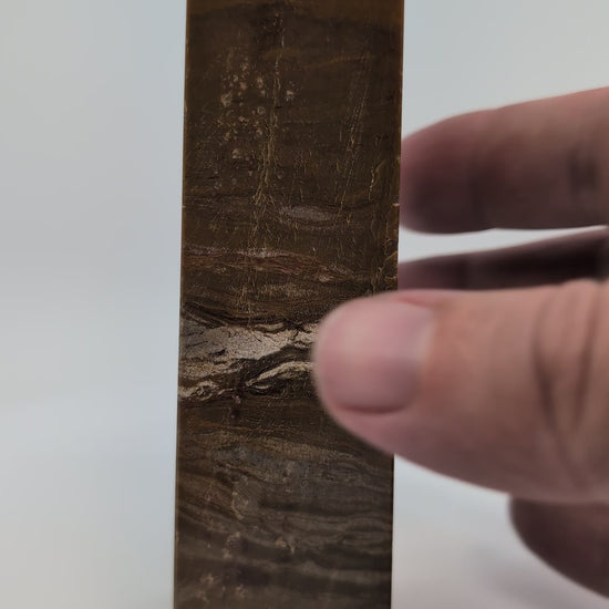 Ocean Jasper Tower OJ-02 video – 12.8 cm, 310 g, golden-brown tones with quartz veining. Polished Madagascar jasper showcasing orbicular flow and luster.