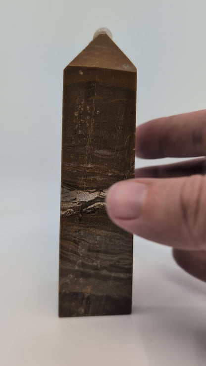 Ocean Jasper Tower OJ-02 video – 12.8 cm, 310 g, golden-brown tones with quartz veining. Polished Madagascar jasper showcasing orbicular flow and luster.