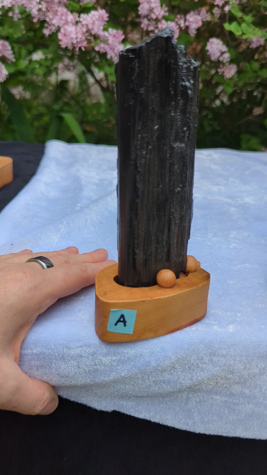A hand rotates a vertical Black Tourmaline crystal tower mounted on a custom wooden base. The camera pans across a collection of six distinct black tourmaline specimens labeled A through F, highlighting their long, deep, natural vertical striations and high-luster terminations.
