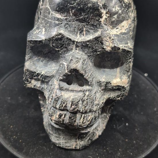 Video of of Black Tourmaline Skull 4 kg polished carving with natural striations