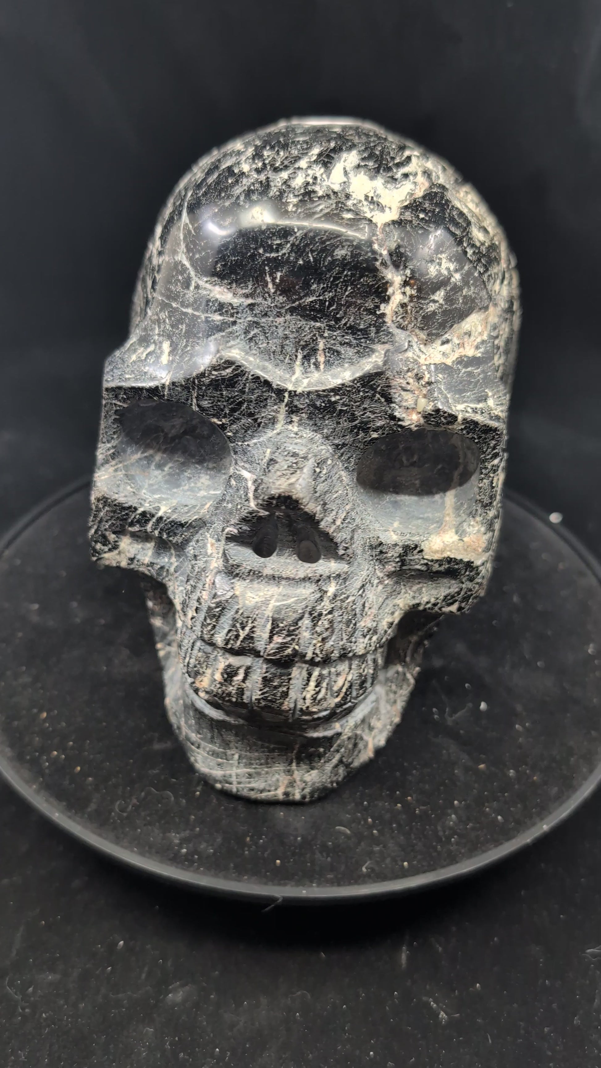 Video of of Black Tourmaline Skull 4 kg polished carving with natural striations