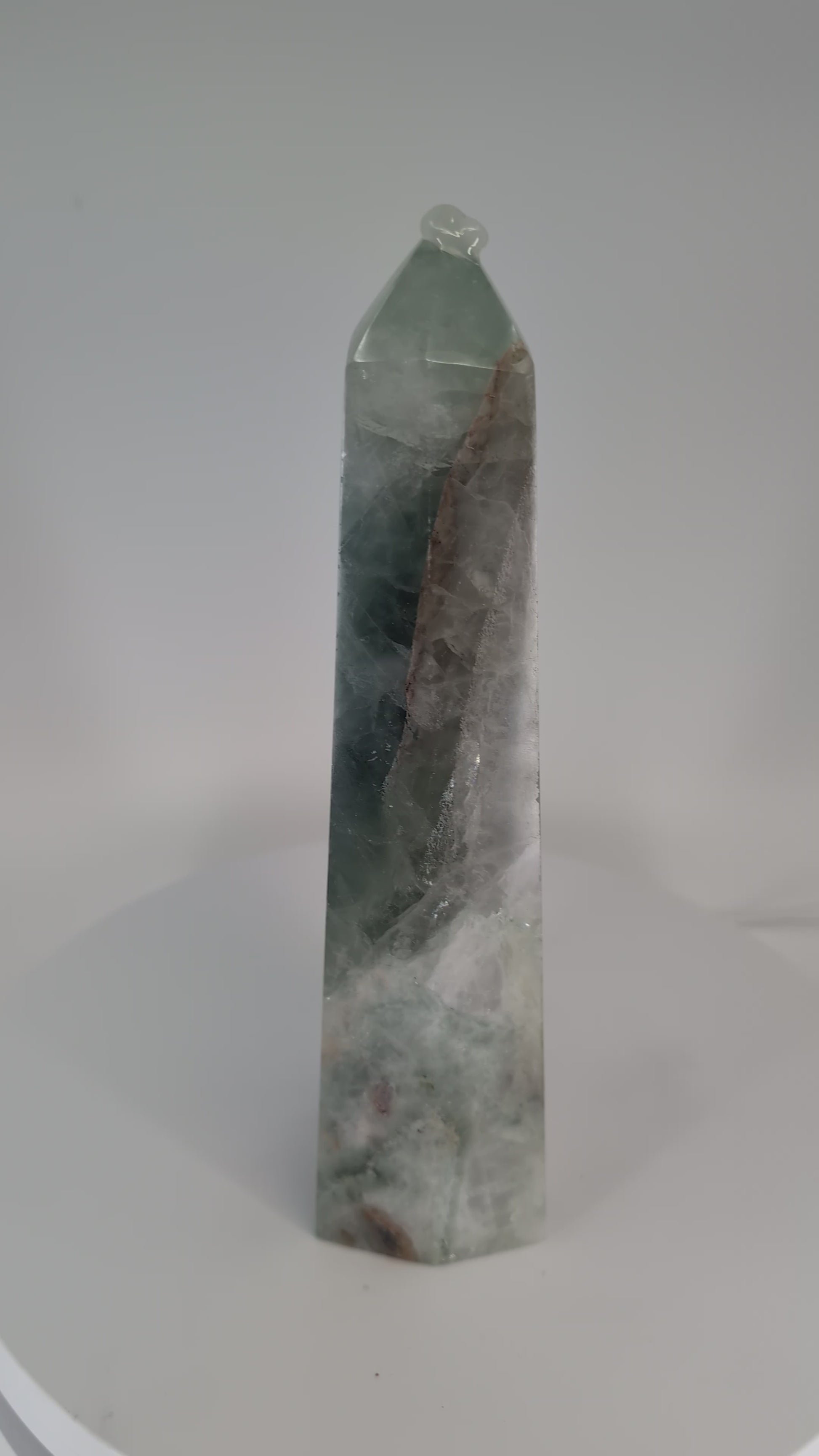 360° rotation video – Green Fluorite with Quartz and Iron Inclusions tower, 21.5 cm