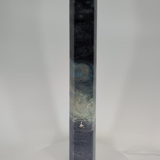 360-degree video of Trollite Tower TR-02 — an 18-inch (46 cm) polished blue-green crystal tower from Minas Gerais, Brazil, showing vertical color transitions, reflective polish, and natural mica shimmer under studio light.