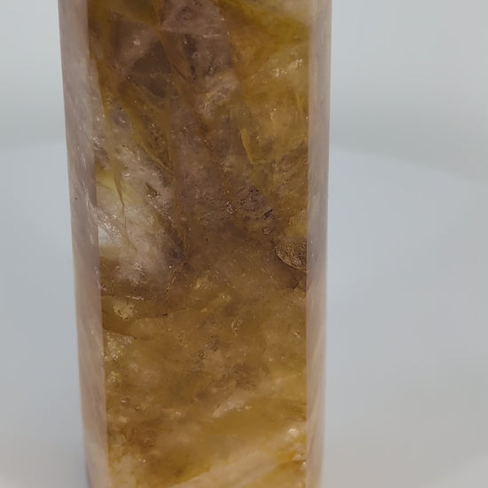 Golden Healer Quartz Tower 835g from Brazil shown in natural light — full 360° rotation highlighting golden zoning, high clarity, and polished termination