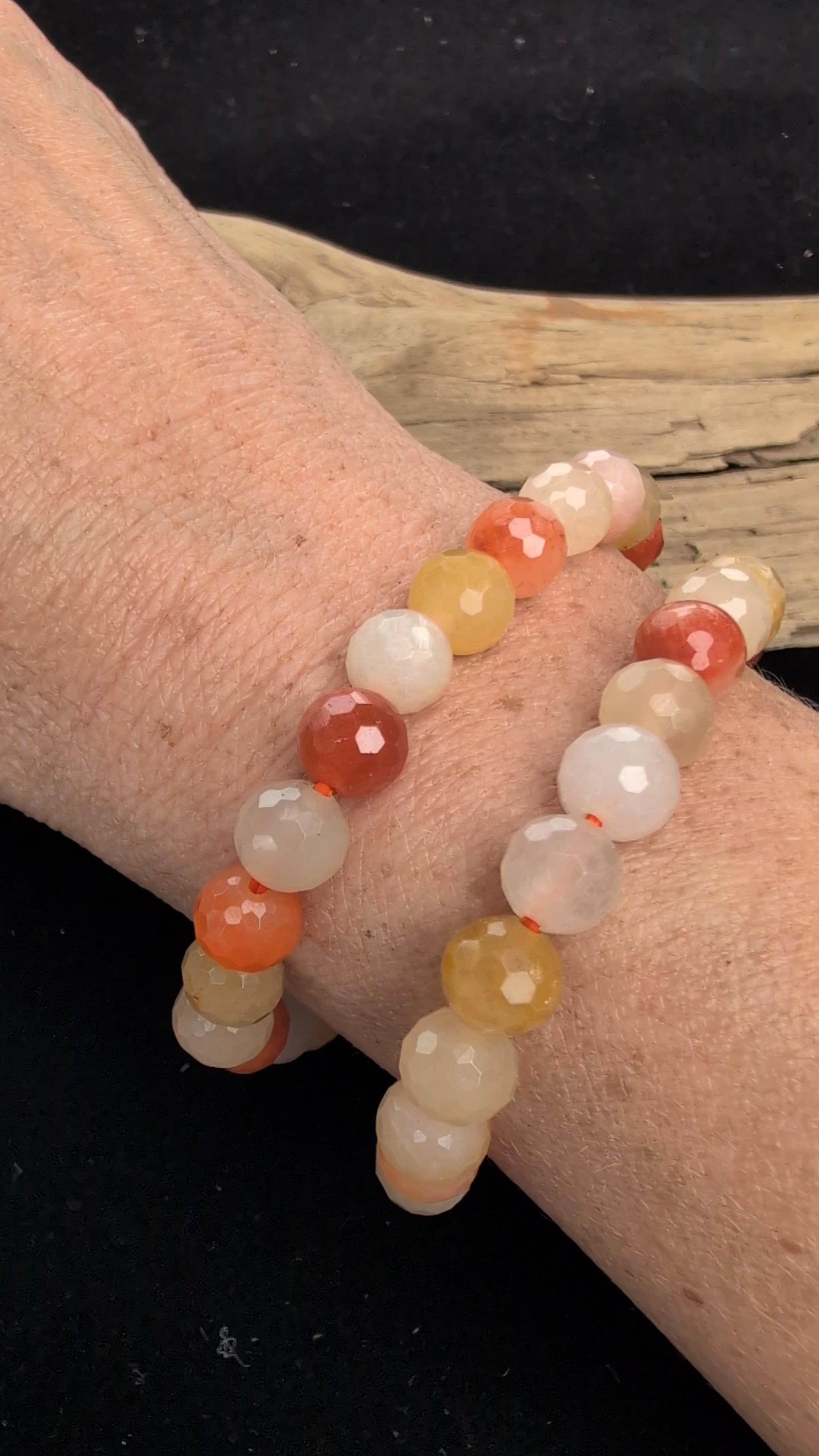 Video of 8mm faceted Golden Jade beaded stretch bracelet.
