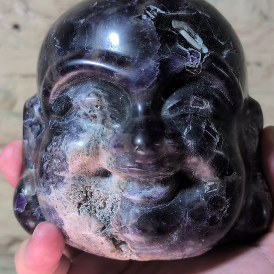 Video of Dream Amethyst Laughing Buddha Head – polished face with deep lavender and violet zoning (Brazil)