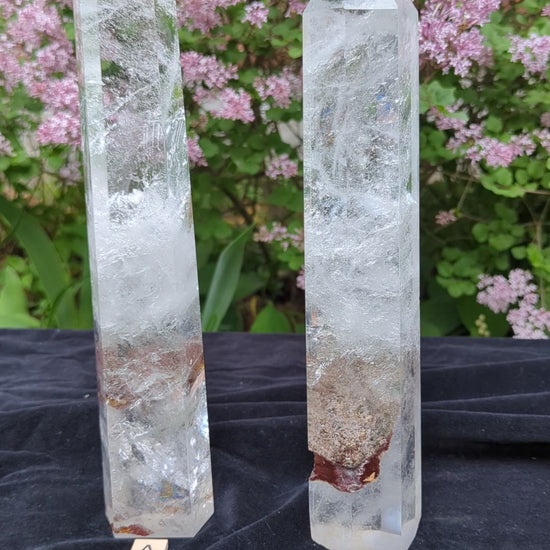 Video of XL Garden Quartz Towers A and B showing polished points, icy internal veils, earthy mineral inclusions, and outdoor scale views