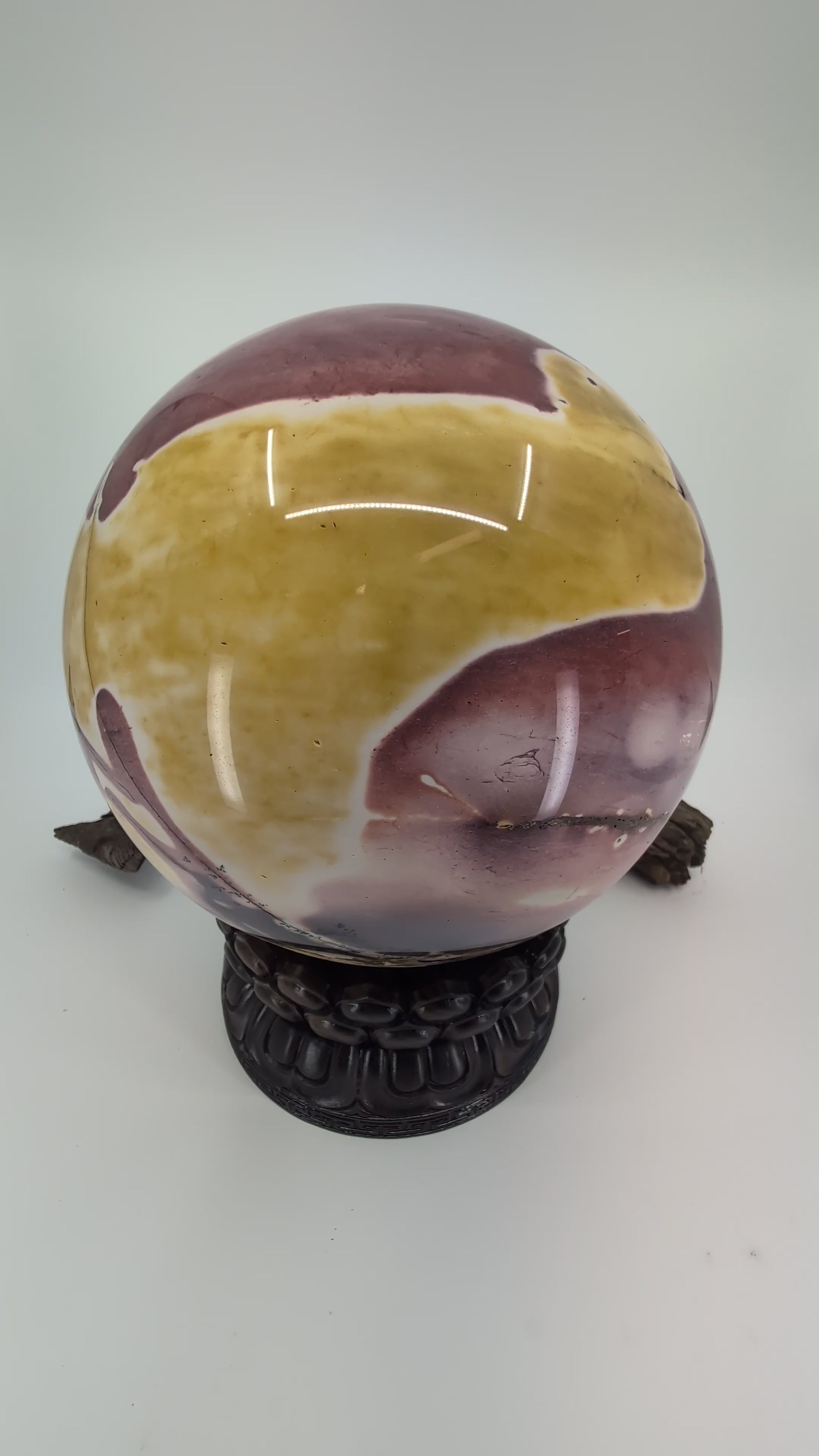 Video walkthrough of a 9.56kg Mookaite sphere showing 360-degree views of the brecciated patterns and polish.