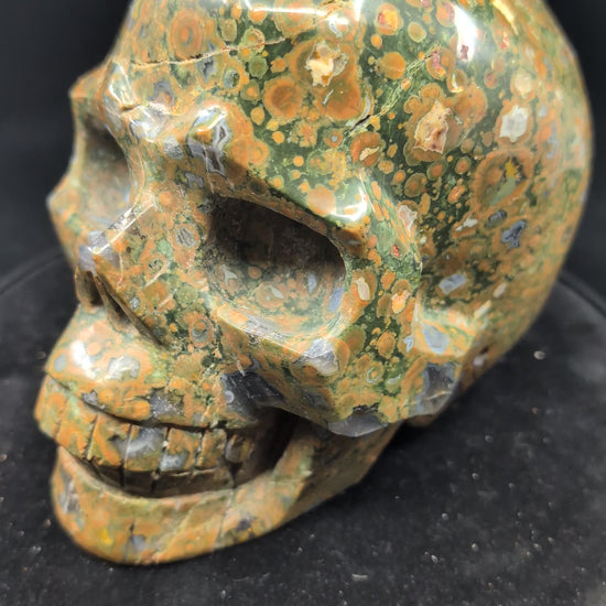 Video of 2.45 kg Cambaba Jasper Skull with polished green and black orbs