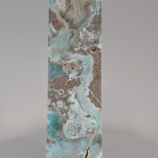 Blue Aragonite (Caribbean Calcite) Tower – rotation video highlighting polish, translucence, and oceanic banding