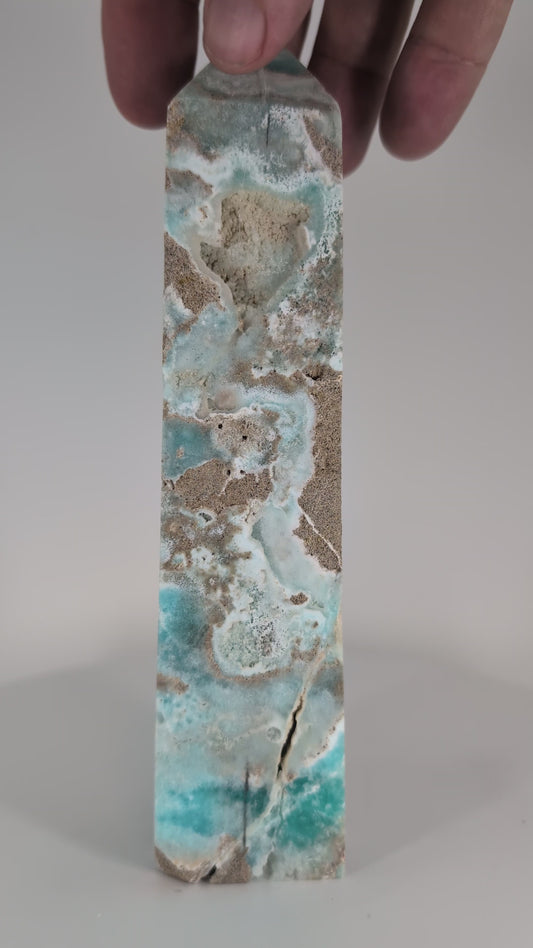 Blue Aragonite (Caribbean Calcite) Tower – rotation video highlighting polish, translucence, and oceanic banding