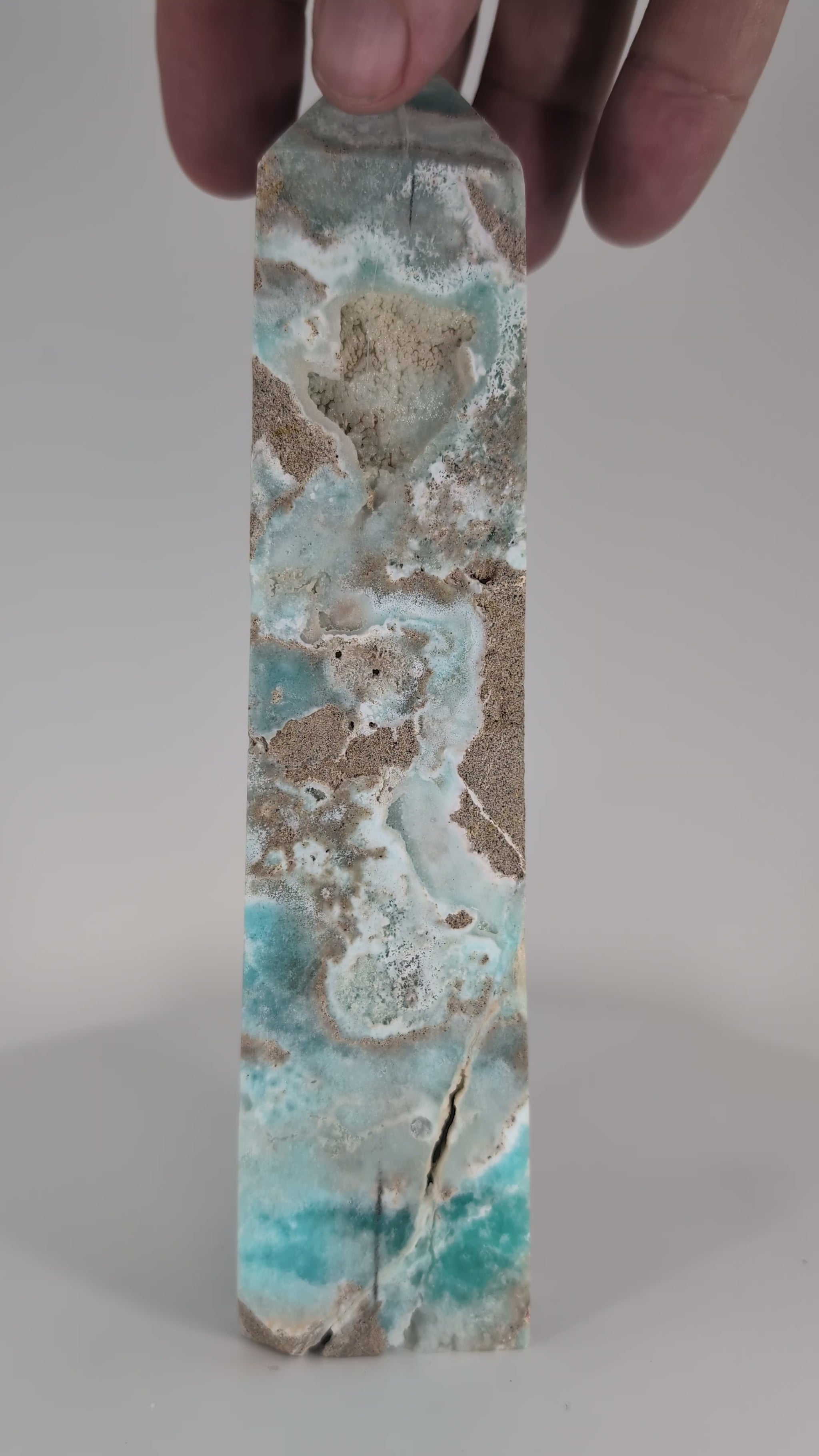 Blue Aragonite (Caribbean Calcite) Tower – rotation video highlighting polish, translucence, and oceanic banding