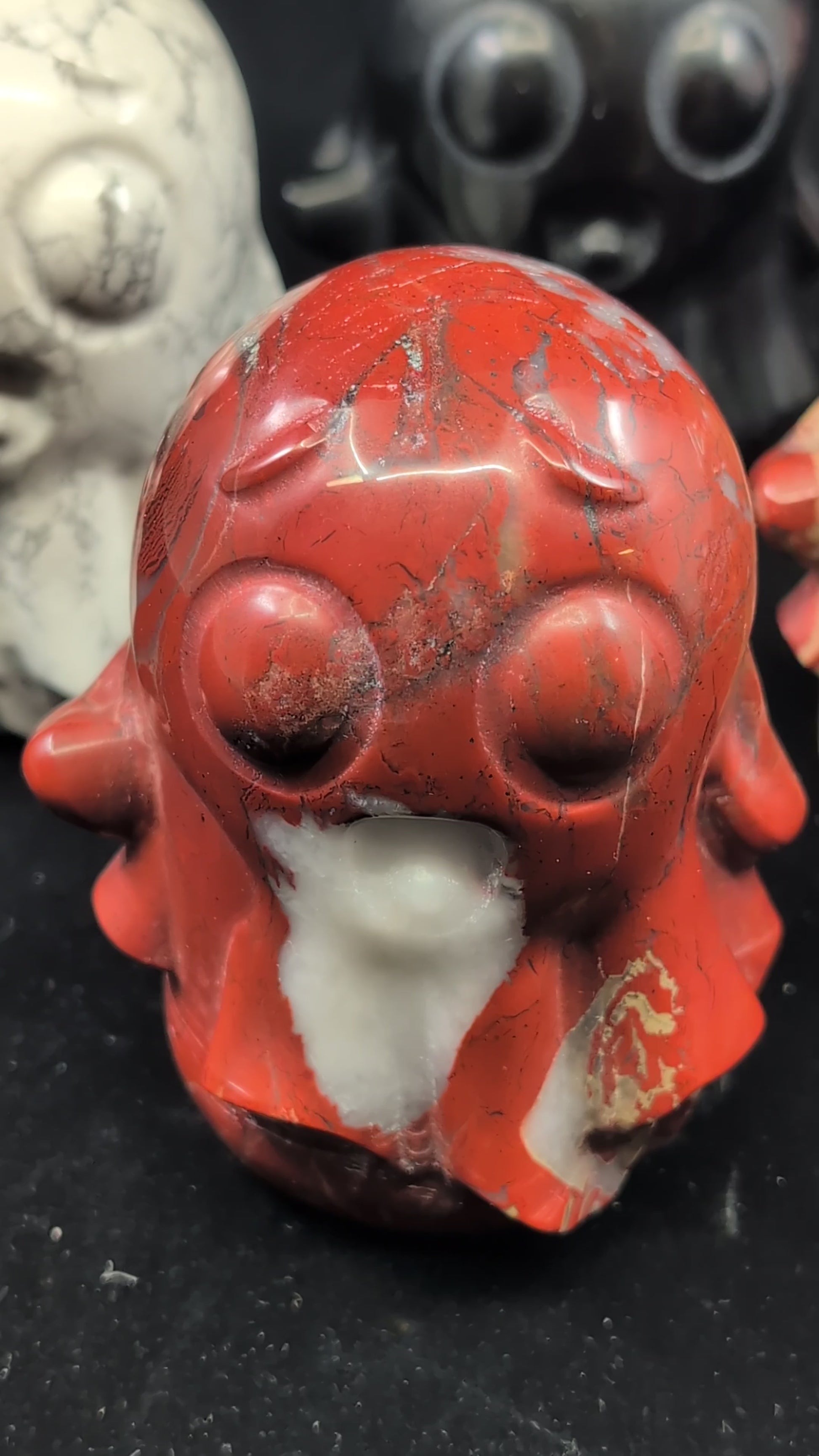 Video of Trio of ghost carvings in Red Obsidian, Black Obsidian, and Howlite, 4 by 3in 500 - 700g 