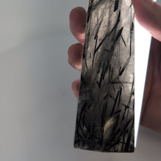 360-degree view of 15 cm Black Tourmaline in Quartz tower from Brazil showing polished finish and sharp inclusions.