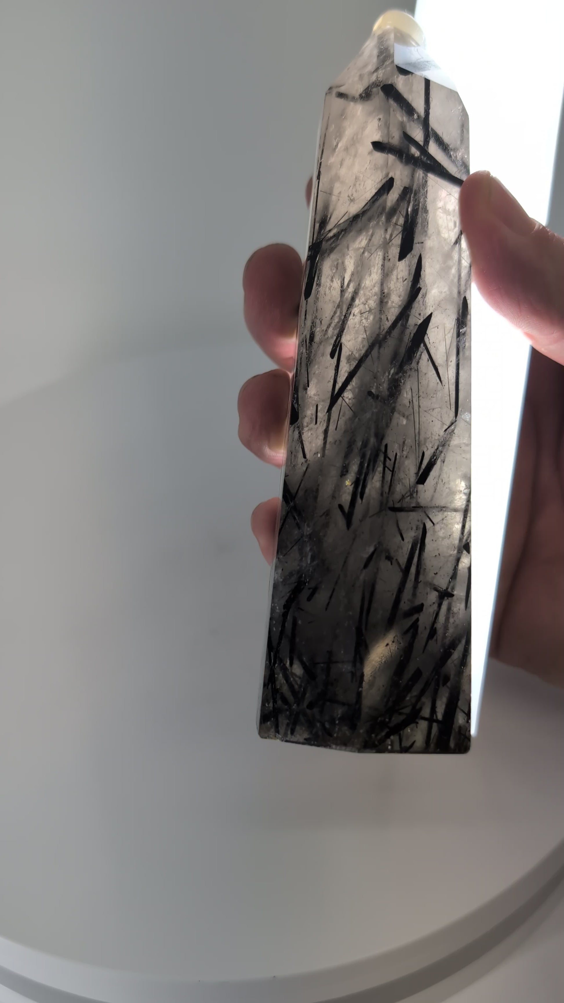 360-degree view of 15 cm Black Tourmaline in Quartz tower from Brazil showing polished finish and sharp inclusions.
