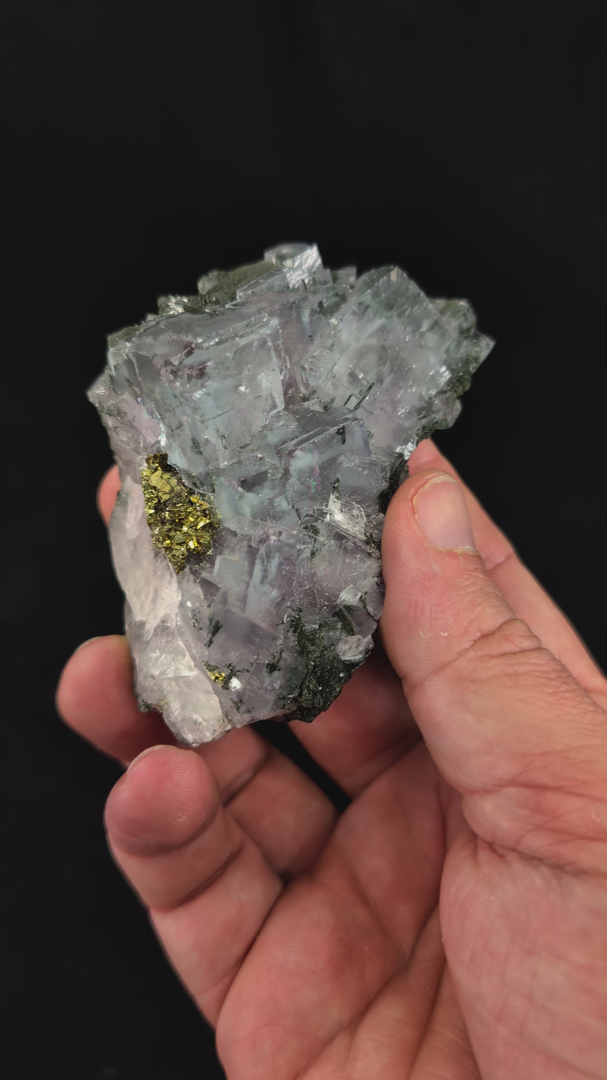 360-degree video of YGX fluorite with pyrite, showing crystal clarity, rainbow zoning, matrix base, and UV-reactive surfaces under shifting light