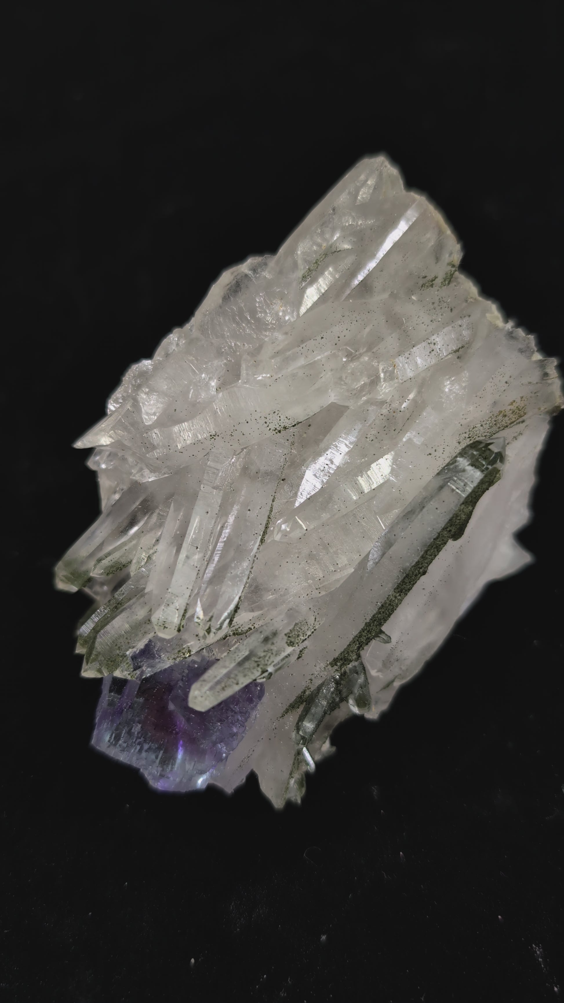 Fluorite on Quartz with Chlorite Inclusions and Pyrite – Yaogangxian Mine, Hunan, China